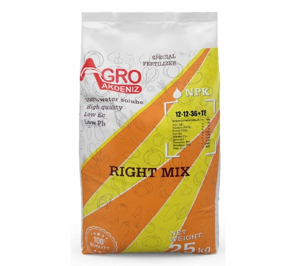 Комплексное удобрение Right Mix Foliar NPK 12.12.36 + TE - Азот (N): 12% Фосфор (P2O5): 12% Калий (K2O): 36% + Микроэлементы - Фото №1