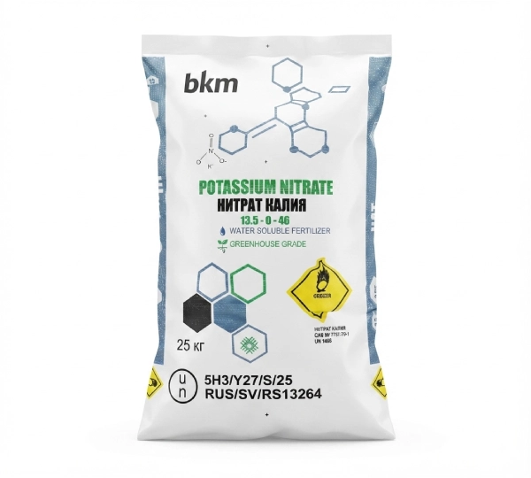 Нитрат калия BKM Макроудобрение - Действующие вещество: Азот (N) ~13,5% Калий (K₂O) ~46%
